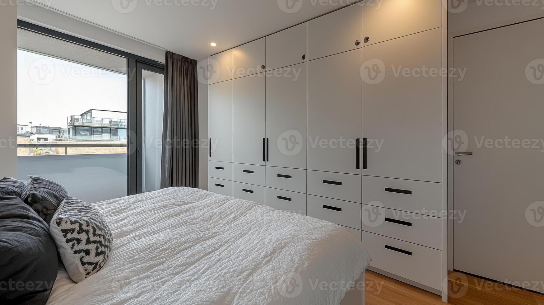 Modern Bedroom with Large Built in Wardrobe and City View photo