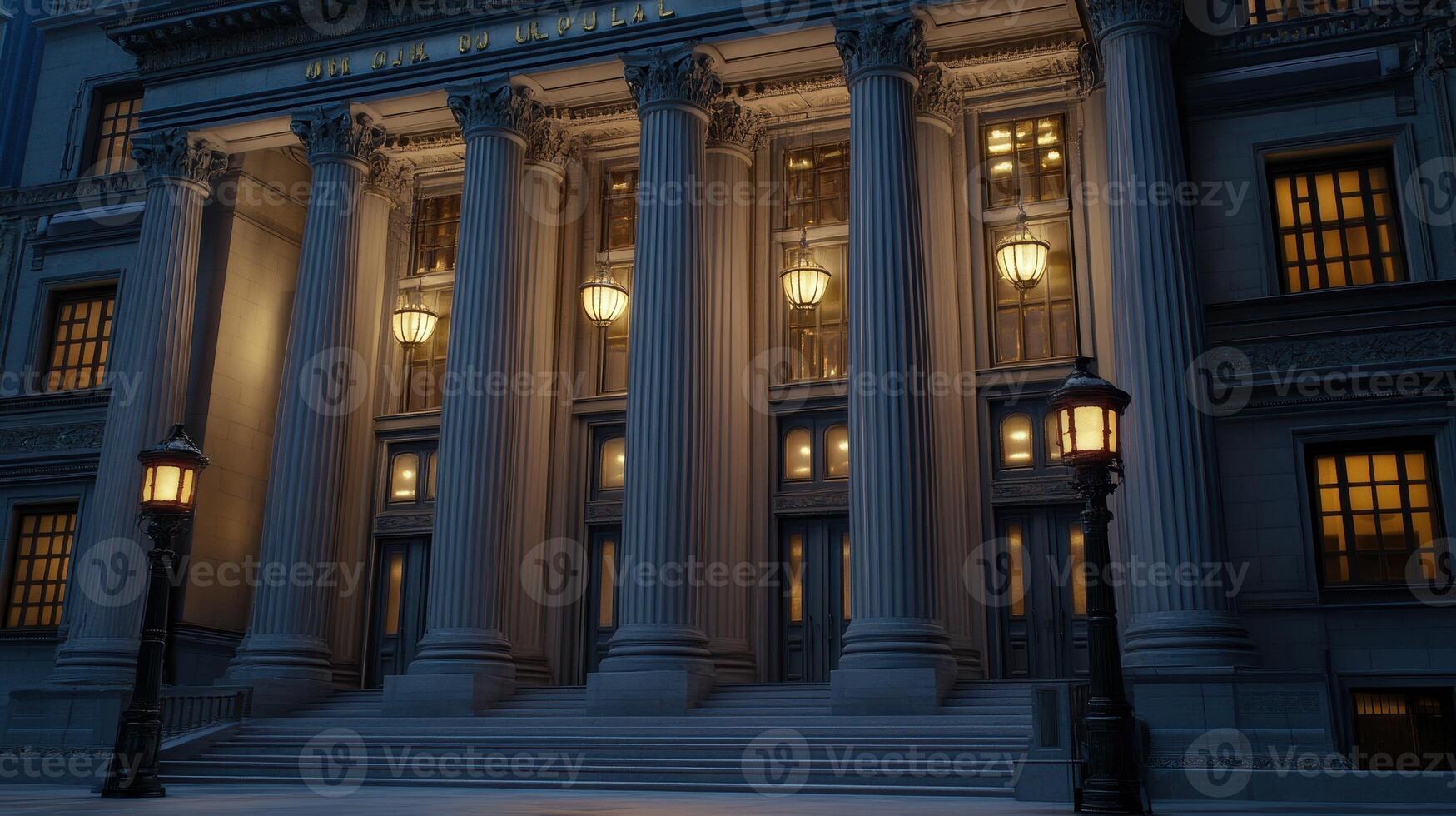 Majestic Building Entrance at Night Illuminated Columns photo