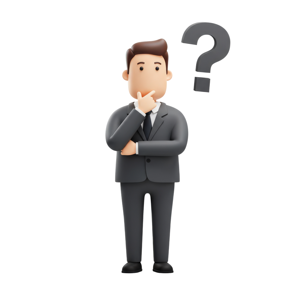 3D Character in Business Suit Thinking with Question Mark png