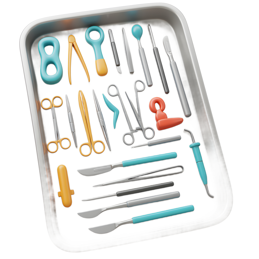 Colorful Medical Instruments Arranged On Tray Sterile Setting png