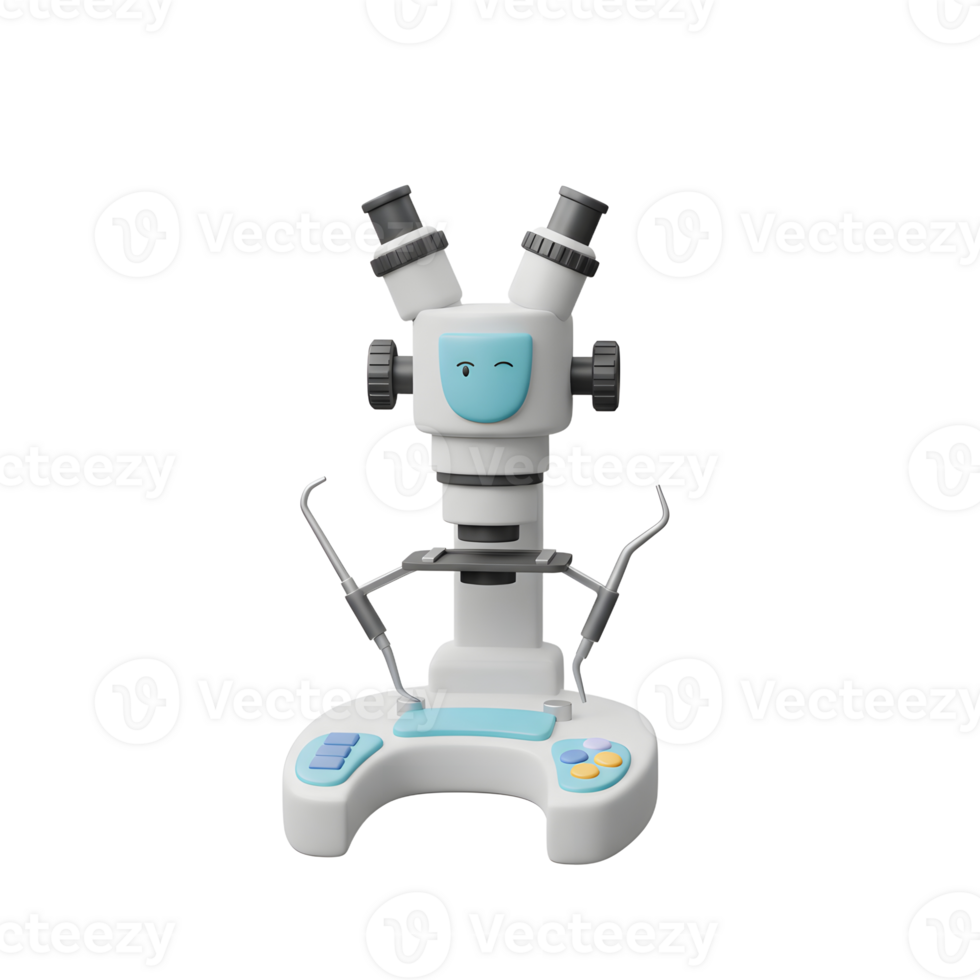 Smiling Cartoon Microscope Dental Tools 3D Render White Background png