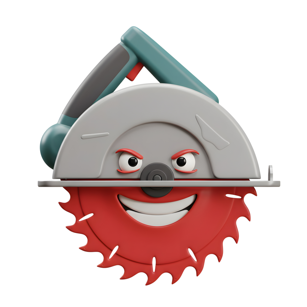 Smiling Circular Saw Blade Cartoon Character 3D Render Grey Red Tool png