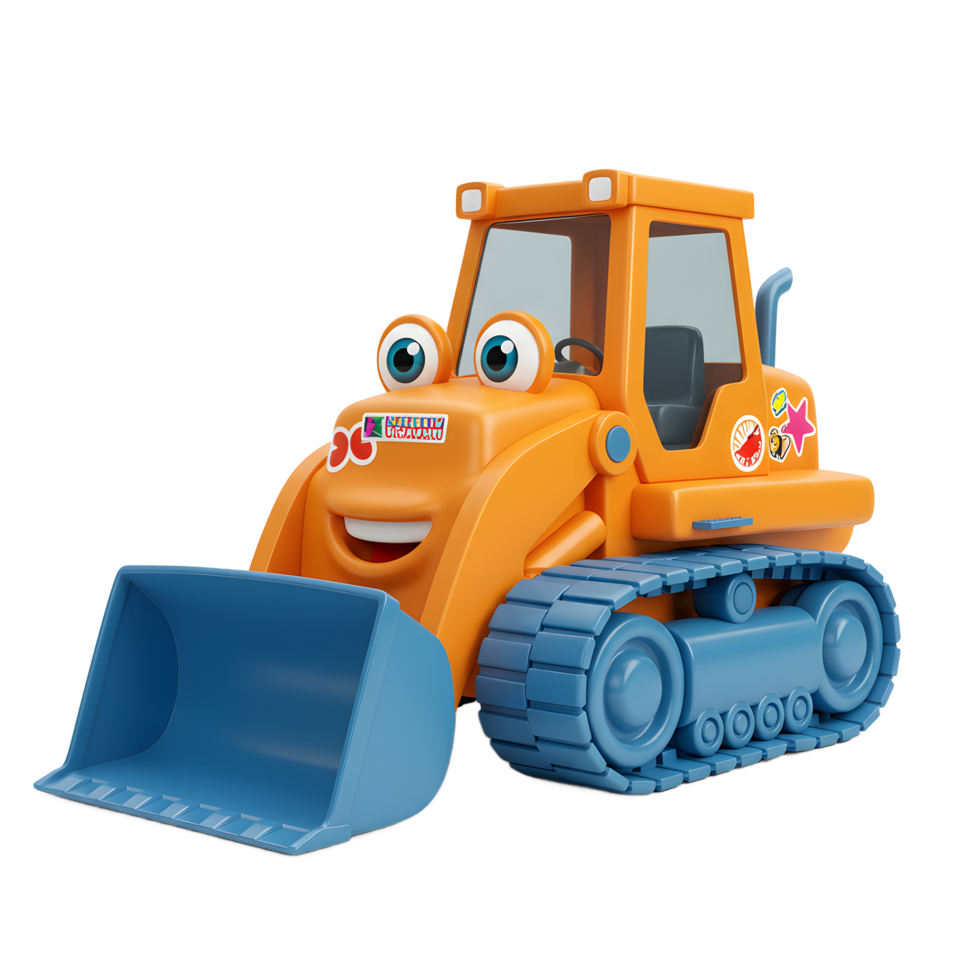 Happy Orange Toy Bulldozer Cartoon Style Blue Tracks White Background png