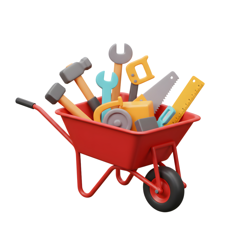 Red Wheelbarrow Filled Colorful Tools 3D Render Cartoon Style png