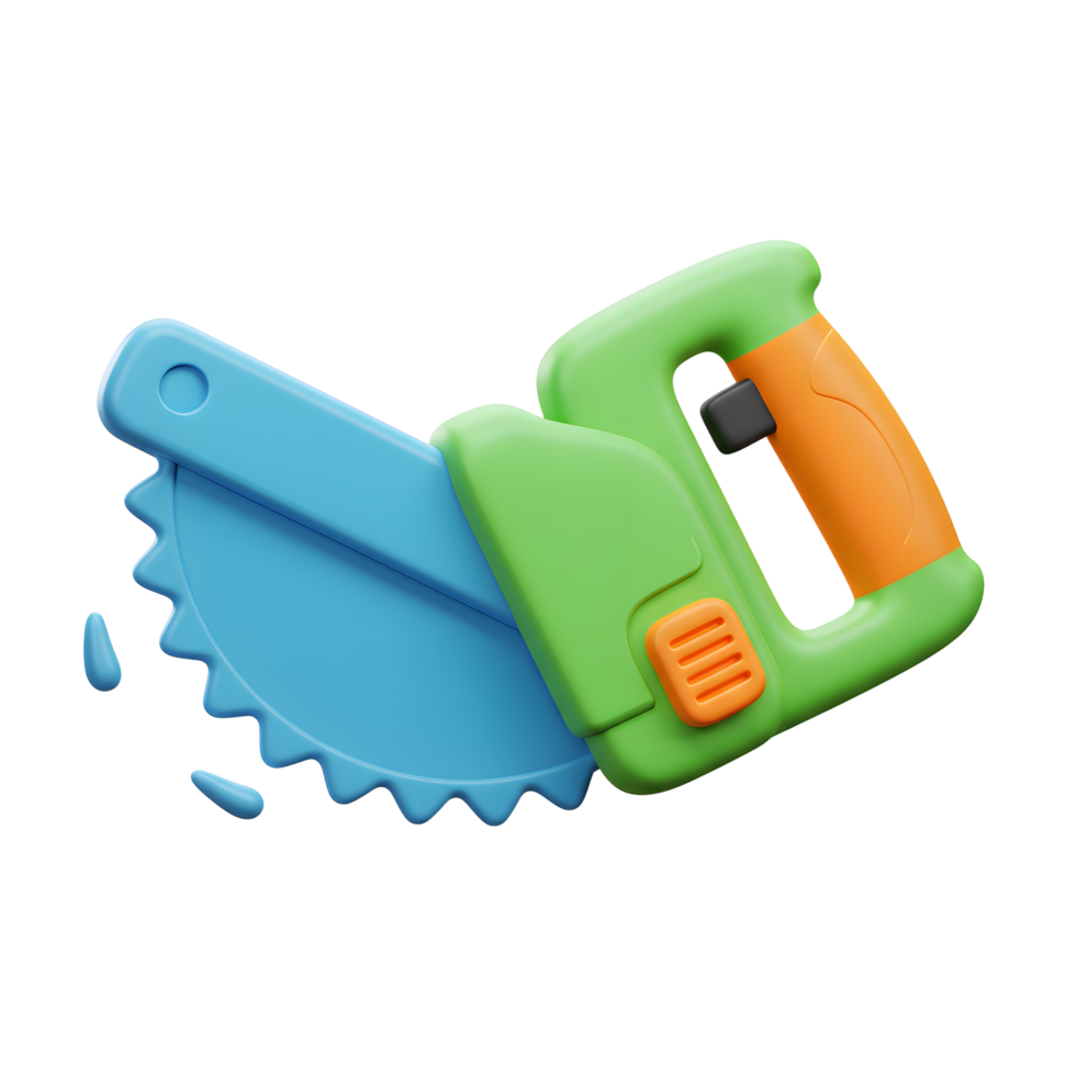 Playful Cartoon Hand Saw Blue Blade Green Handle Orange Accents 3D Render png
