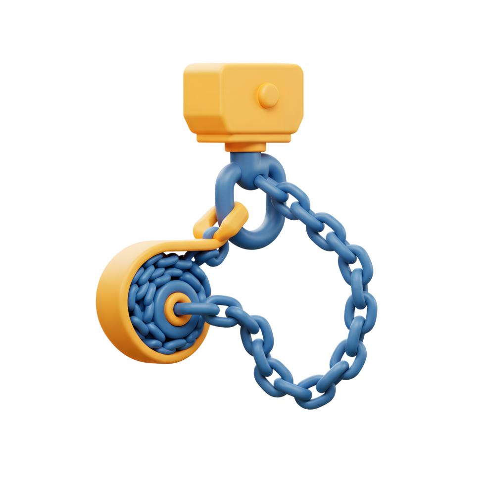 Yellow Blue Chain Hoist Pulley System 3D Render Abstract png