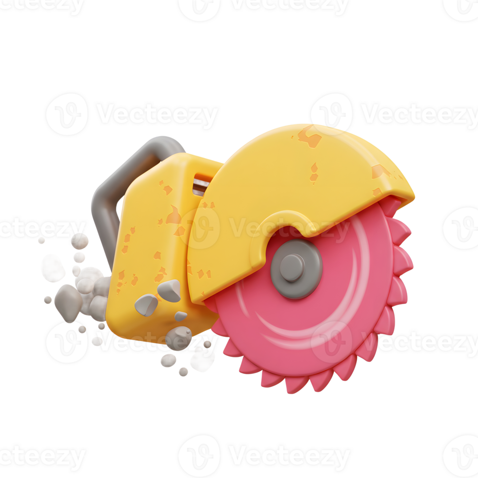 Yellow Pink Circular Saw Cutting Stone 3D Render Cartoon Style png