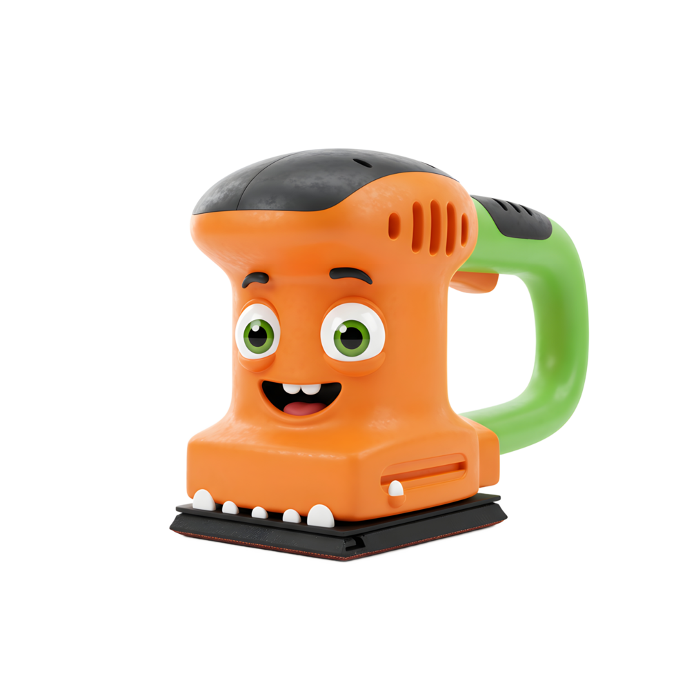 Happy Orange Sander Cartoon Tool 3D Render White Background png