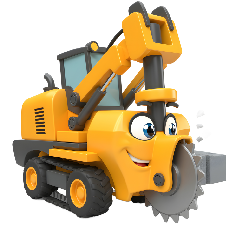Happy Yellow Excavator Cartoon Digging Stone Circular Saw png