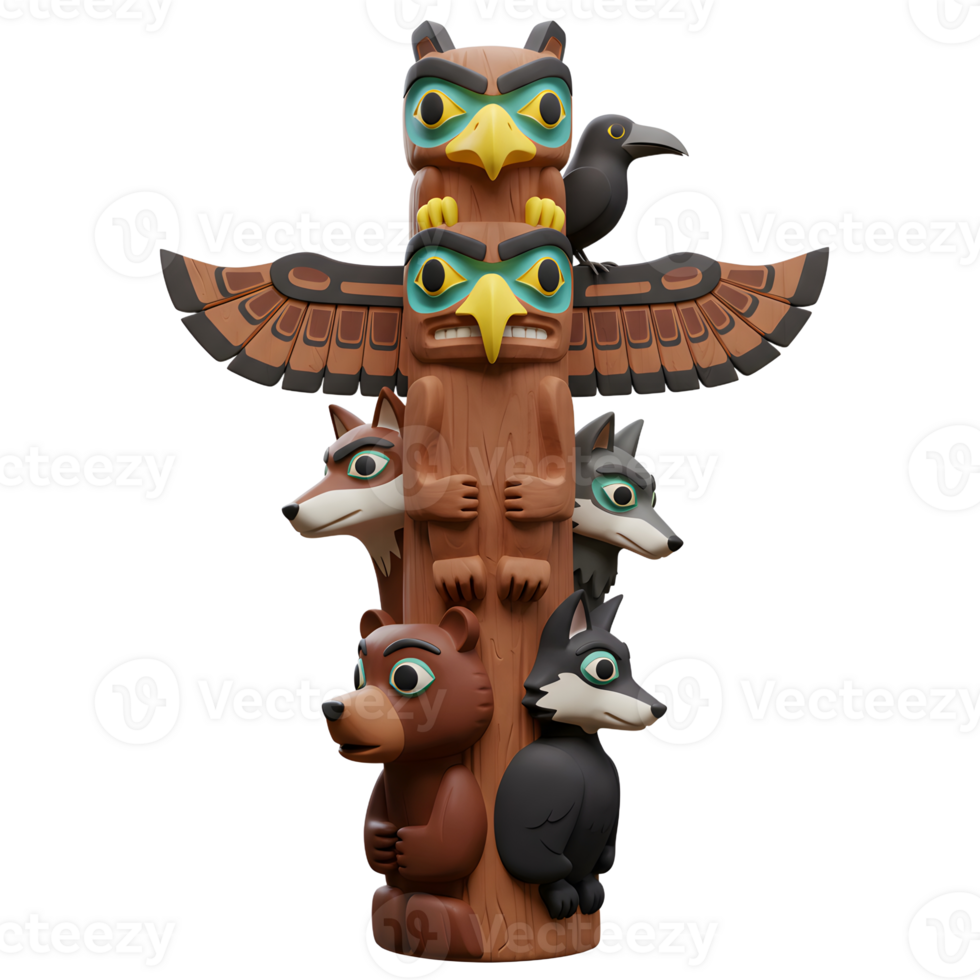 Adorable Cartoon Totem Pole Featuring Owls Wolves Bear Eagle Raven png