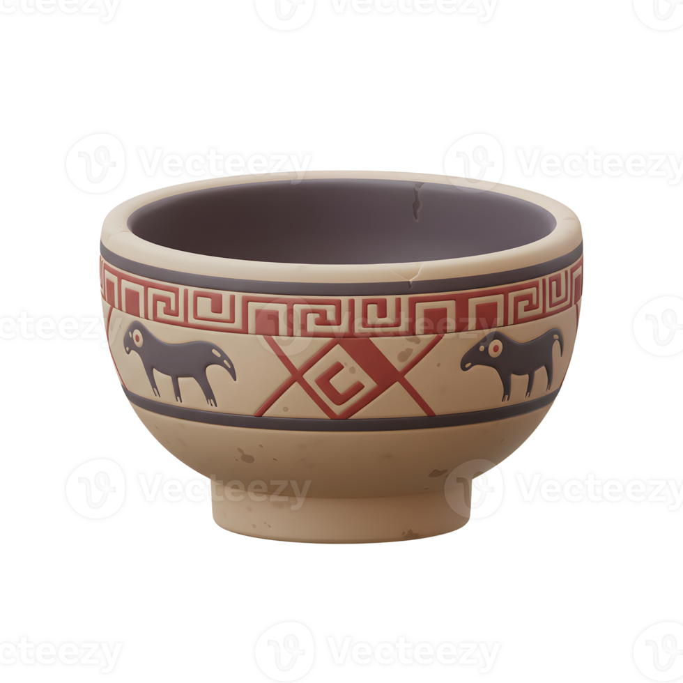 Ancient Decorated Bowl Rustic Style Animal Motif Design png