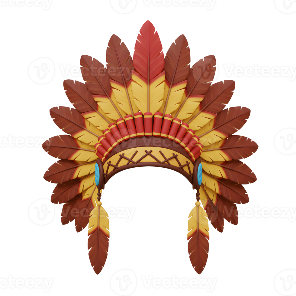 Native American Headdress Red Yellow Feathers Cartoon Style png