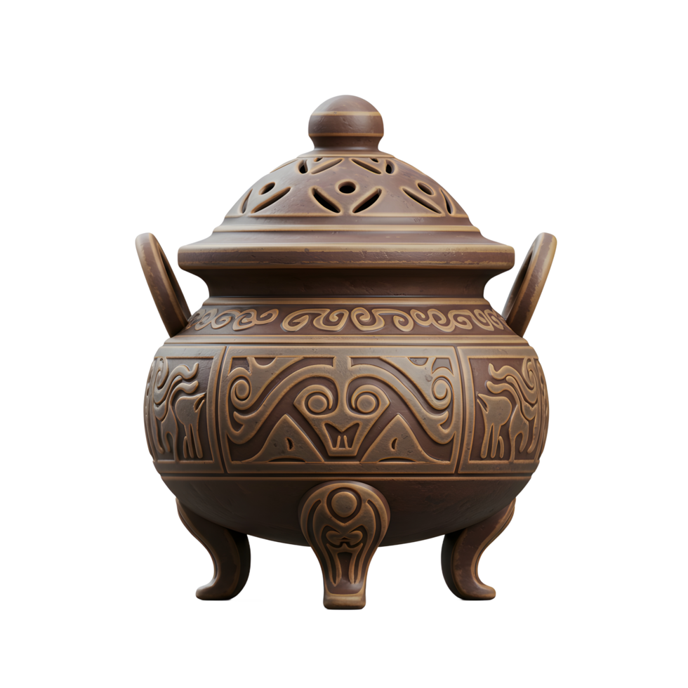 Ornate Brown Ceramic Incense Burner Lidded Tripod Design png