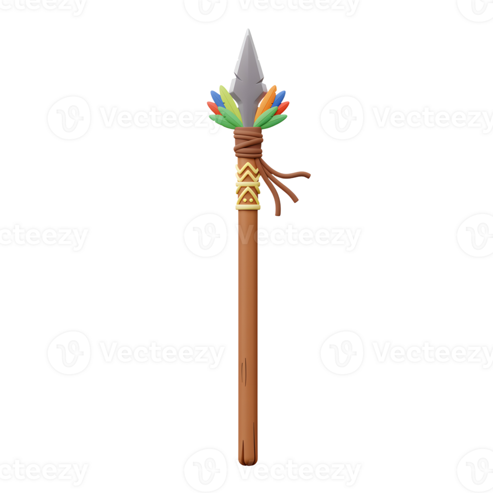 Colorful Tribal Spear Wooden Shaft Sharp Tip Feather Detail 3D Render png