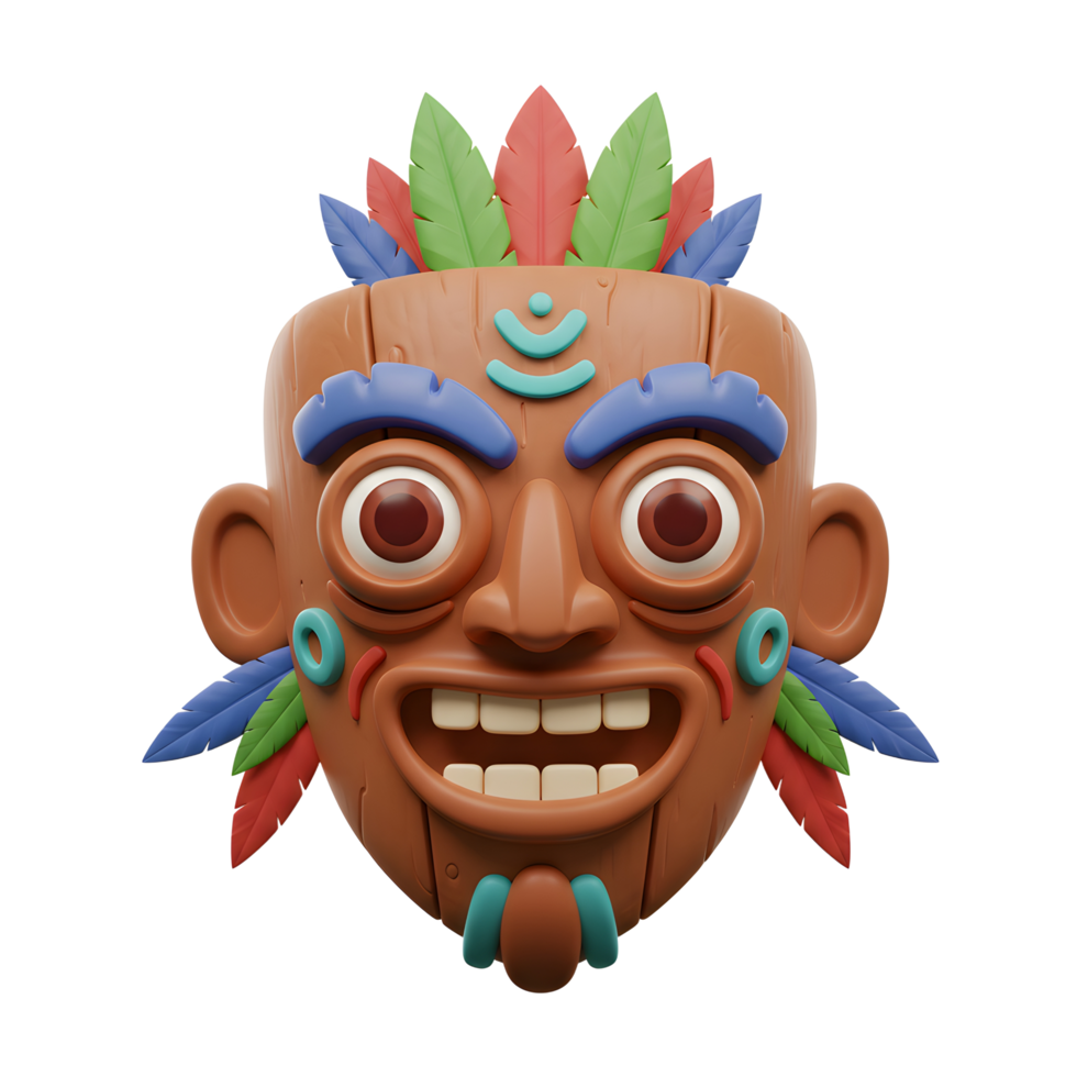 Happy Tribal Mask 3D Render Colorful Feathers Wooden Texture png