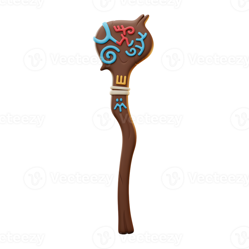 Brown Wooden Ritual Staff Colorful Tribal Design 3D Render png