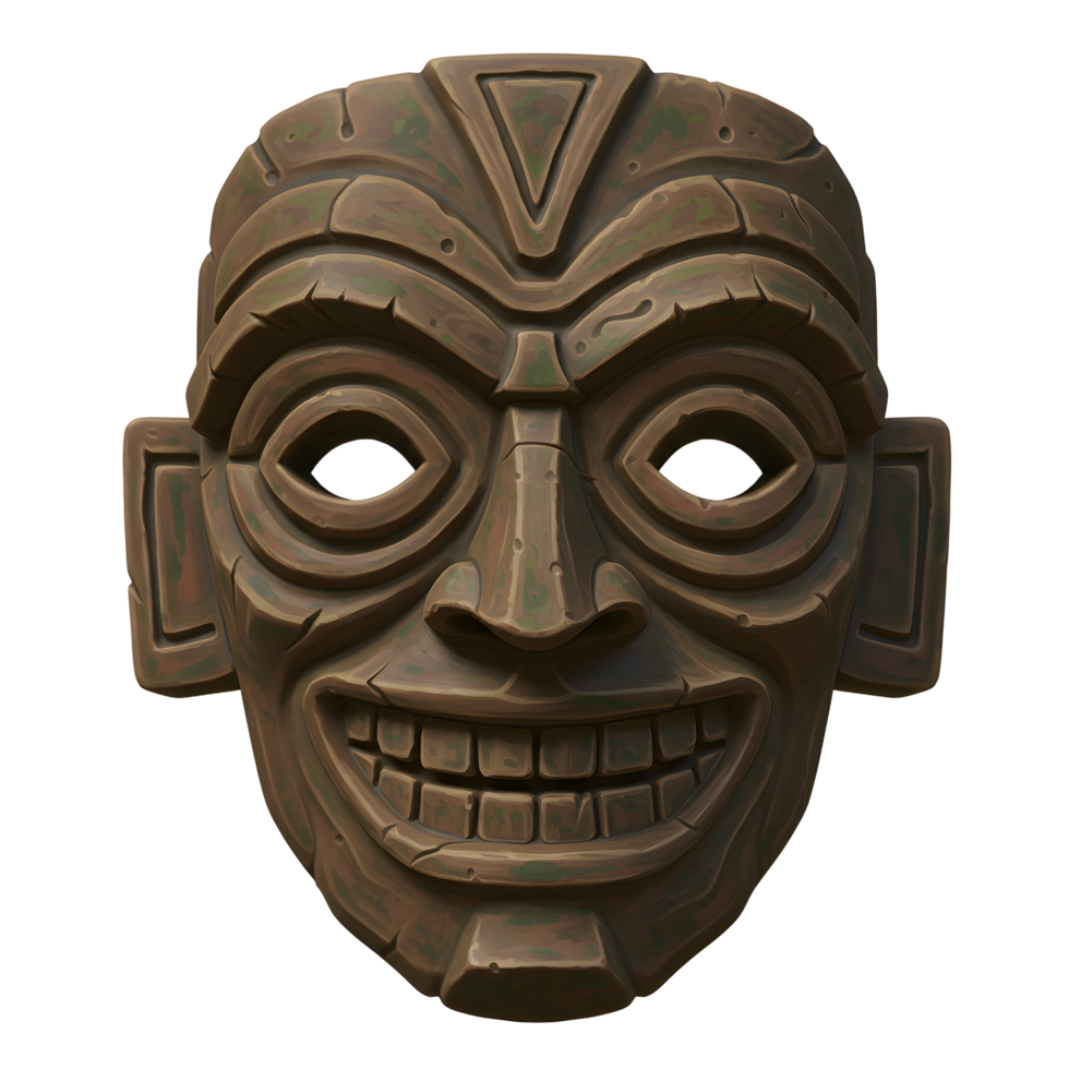 Smiling Stone Tiki Mask Detailed Carving Brown Rustic Style png
