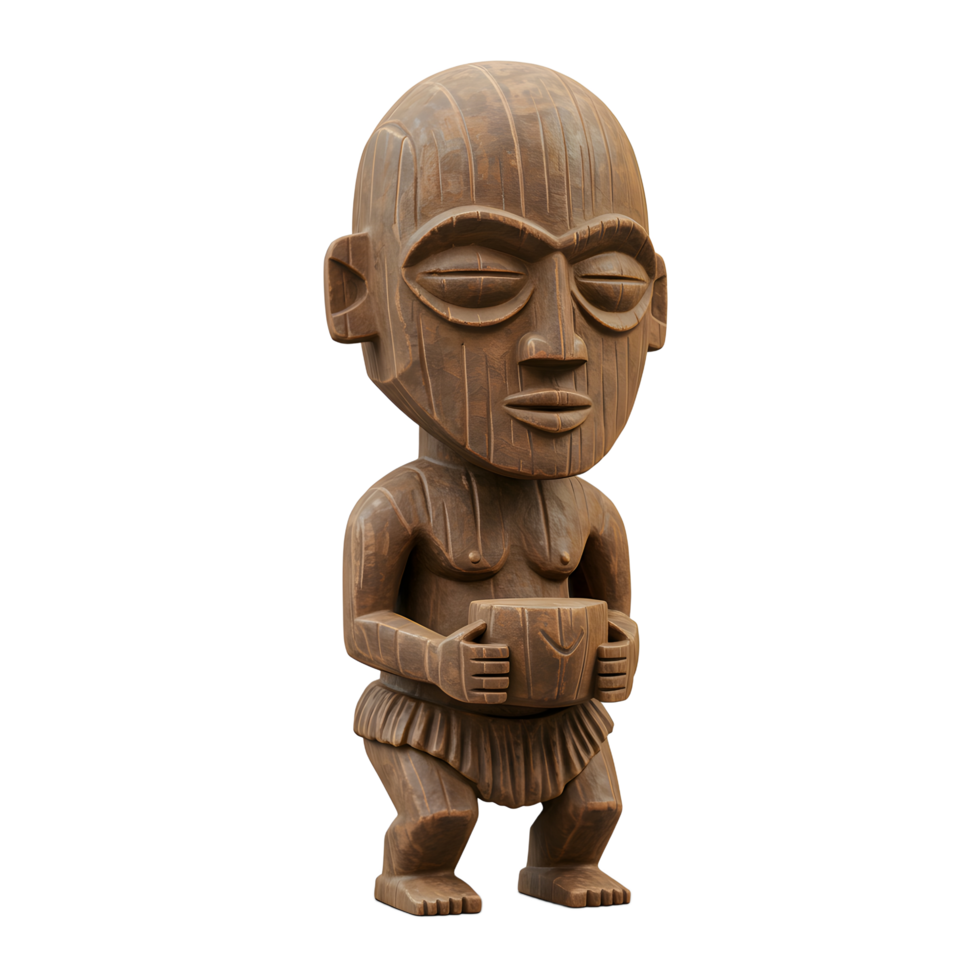 Wooden Tribal Figurine Holding Bowl Serene Carved Details Brown Tones png