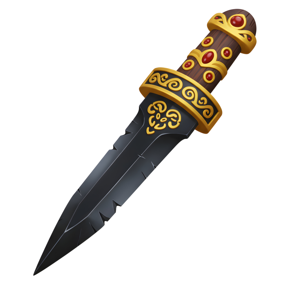 Ornate Black Dagger Gold Accents Red Gems Fantasy Style png