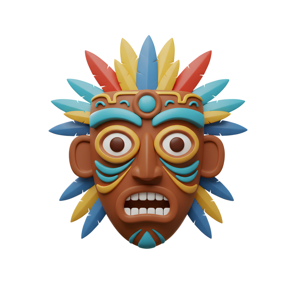 Colorful Tribal Mask 3D Render Surprised Expression Feathers Design png