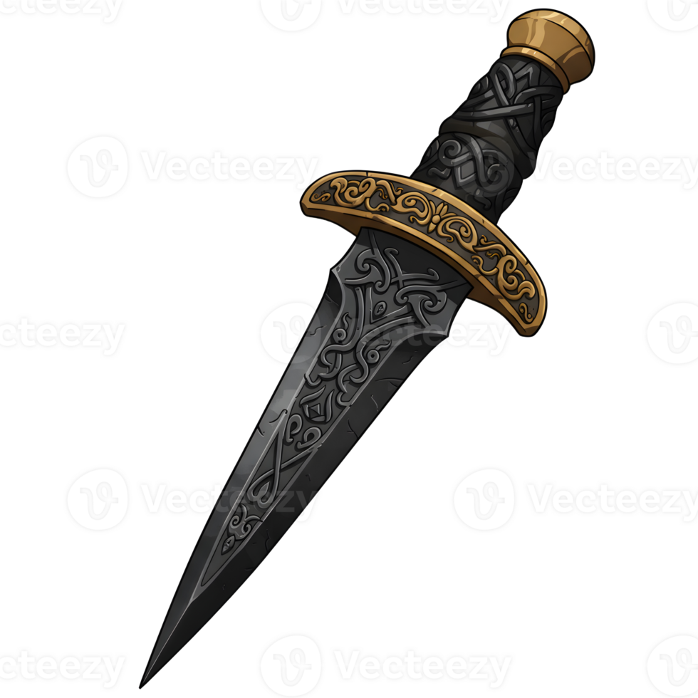 Ornate Black Dagger Golden Detailing Fantasy Style Weapon png