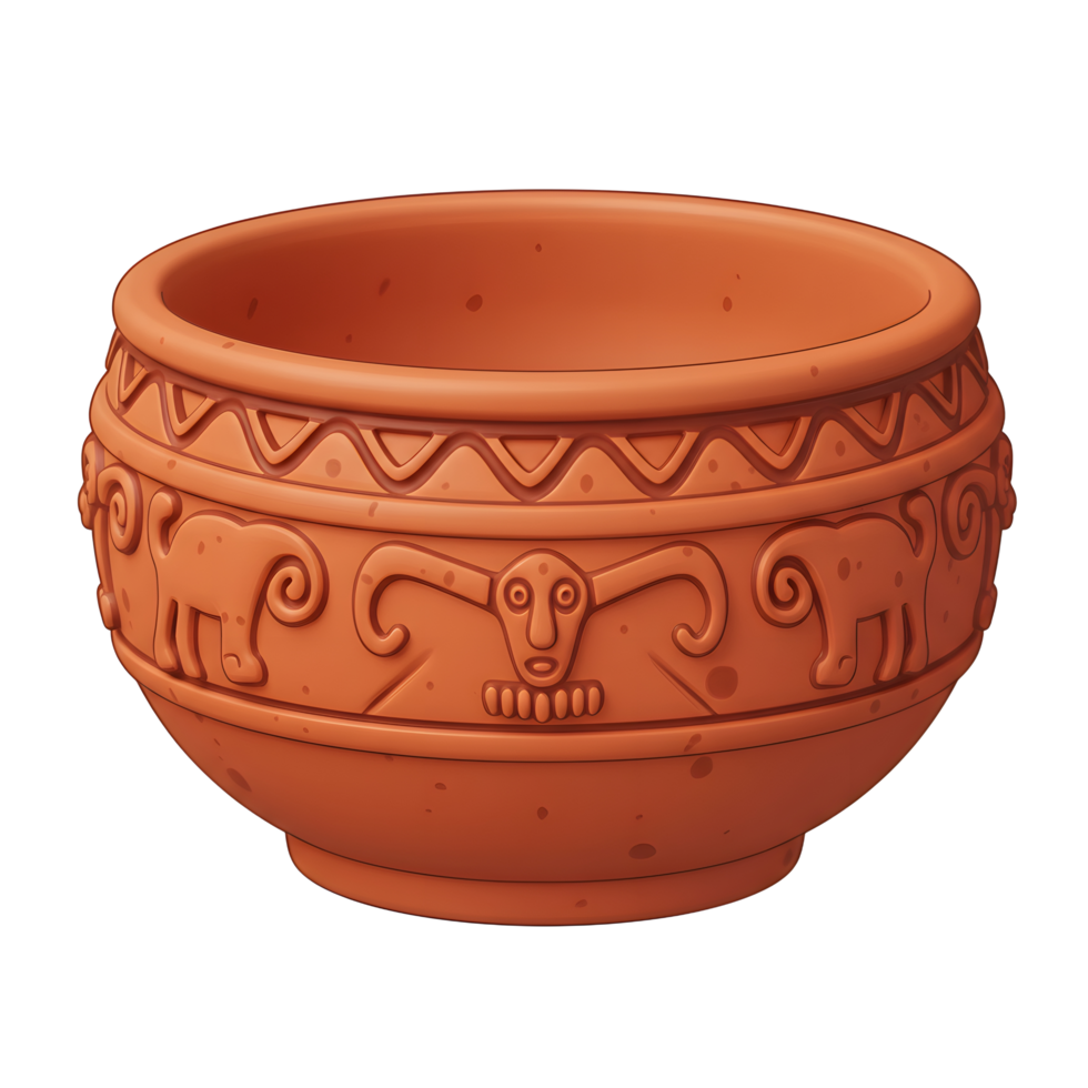 Ancient Clay Bowl Detailed Carving Animals Geometric Patterns Rustic Style png