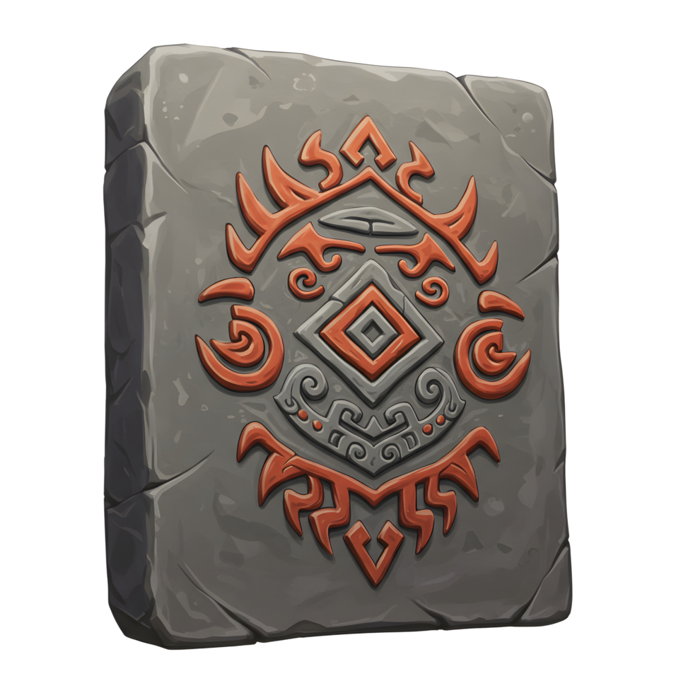 Gray Stone Tablet Ancient Tribal Design Orange Carving png