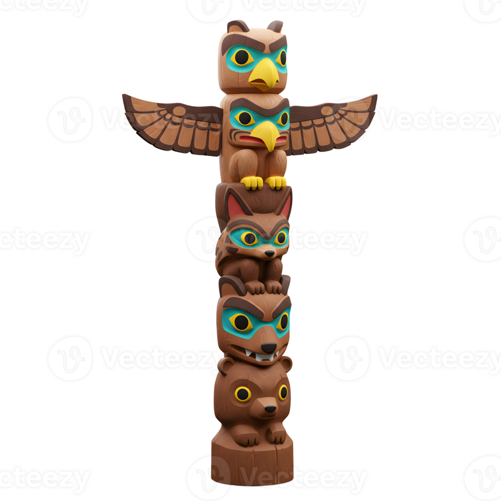 Brown Wooden Totem Pole Featuring Birds Animals Cartoon Style png
