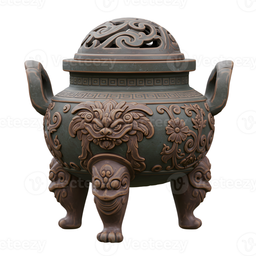 Ornate Asian Incense Burner Detailed Carving Green Brown png