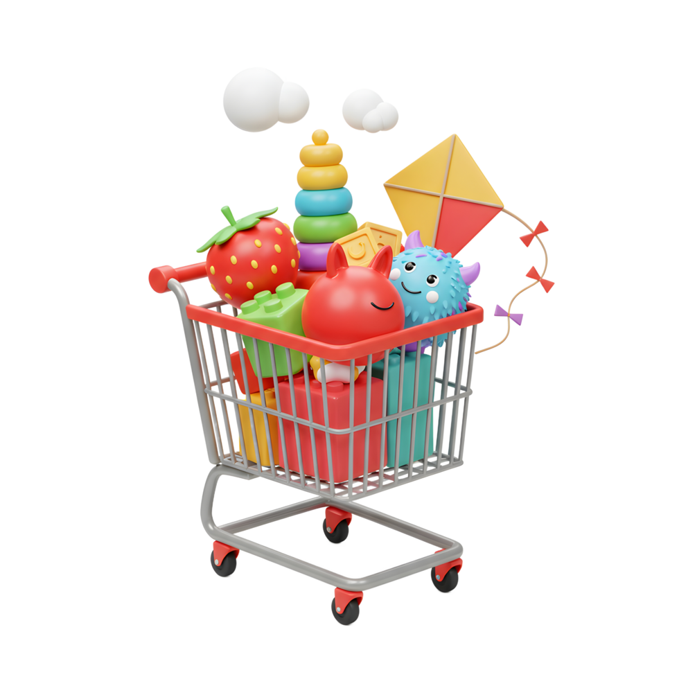Colorful Kids Toys Shopping Cart Playful 3D Render png