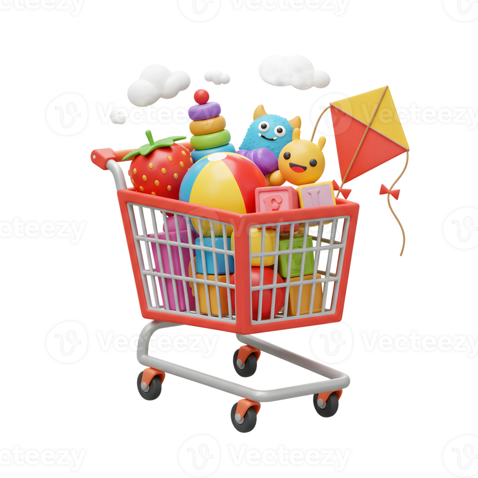 Colorful Kids Toys Shopping Cart 3D Render Fun Playful Style png