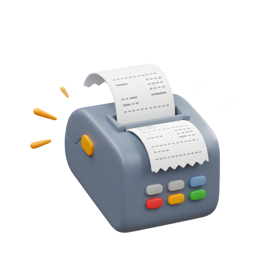 Gray 3D Rendered Receipt Printer Colorful Buttons White Receipt png