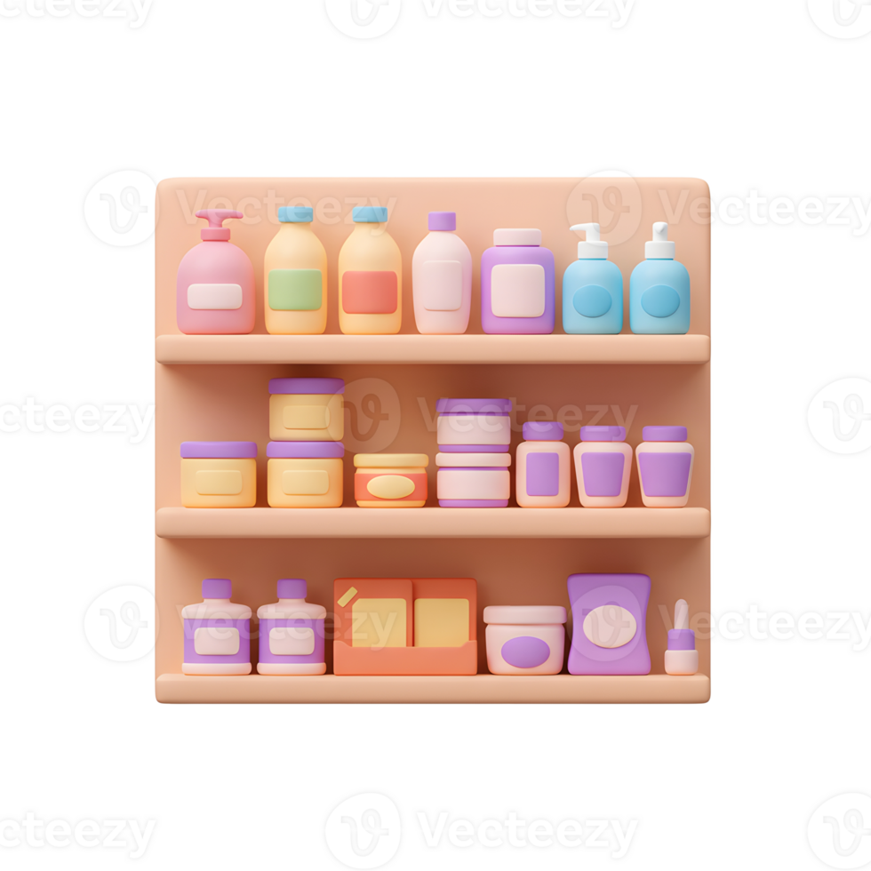 Pastel Colored Bathroom Products Shelf 3D Render Simple Design png