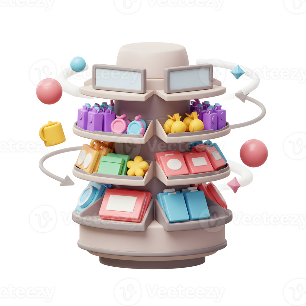 Colorful Rotating Retail Display Stand Assorted Products 3D Render png