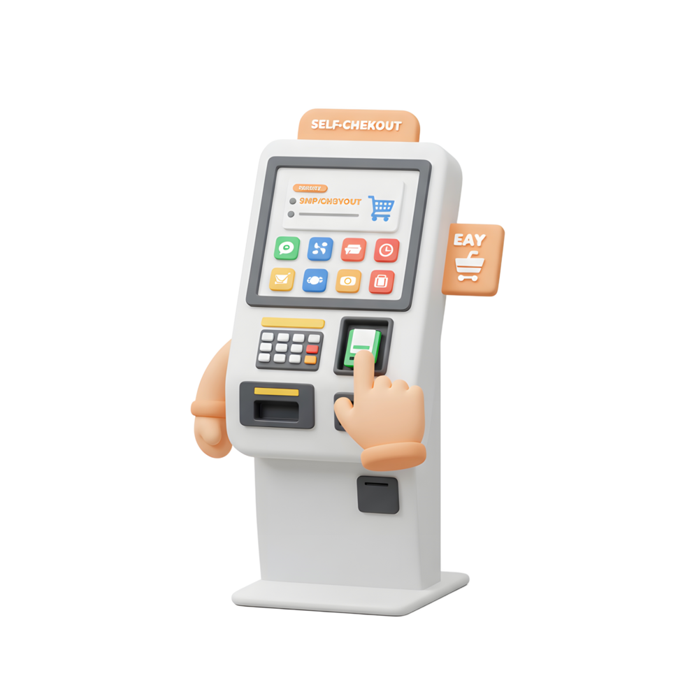 Modern Self Checkout Kiosk 3D Render Colorful Buttons Easy Payment png
