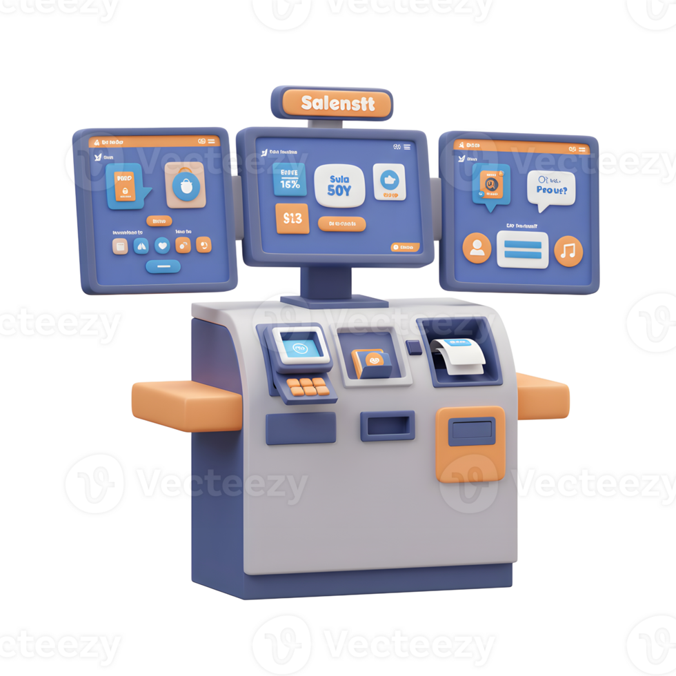 Modern Sales Kiosk Stylish 3D Render Screens Buttons png