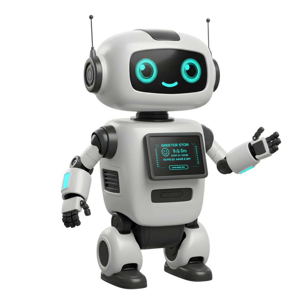 Friendly White Robot Greeter Digital Display Welcoming Gesture Cartoon Style png