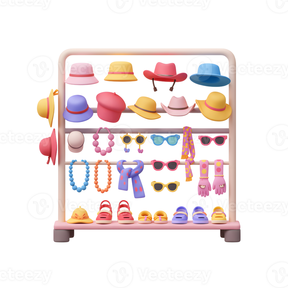 Colorful Summer Accessories Rack Displaying Hats Sunglasses Sandals png