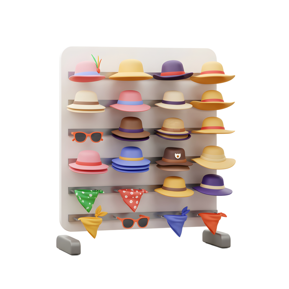 Colorful Summer Hats Display Rack with Sunglasses Bandanas png