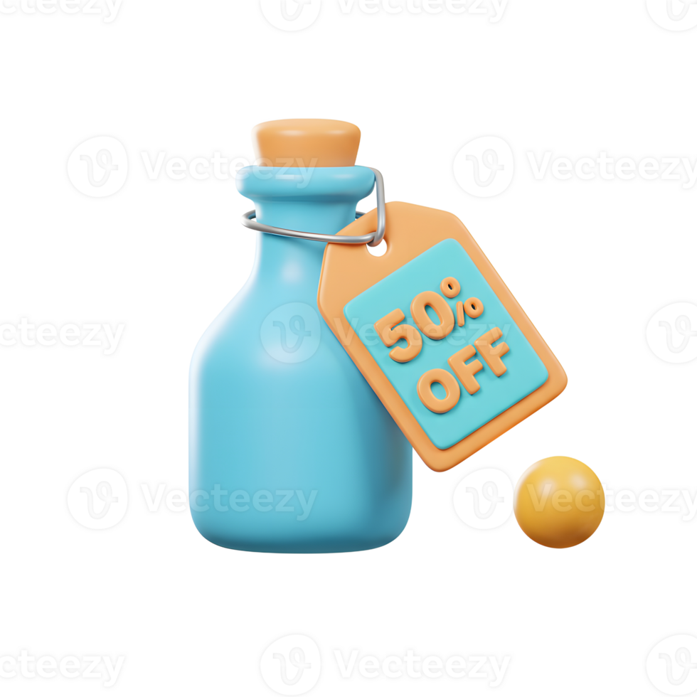 Blue Glass Bottle 50 Off Sale Tag 3D Render Pastel Mood png