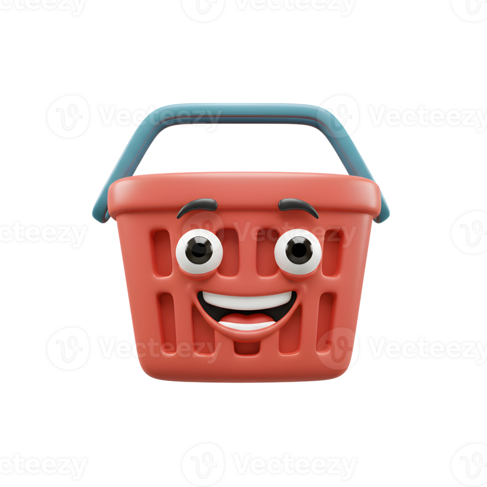 Happy Red Shopping Basket Cartoon 3D Render Cheerful Emoji png