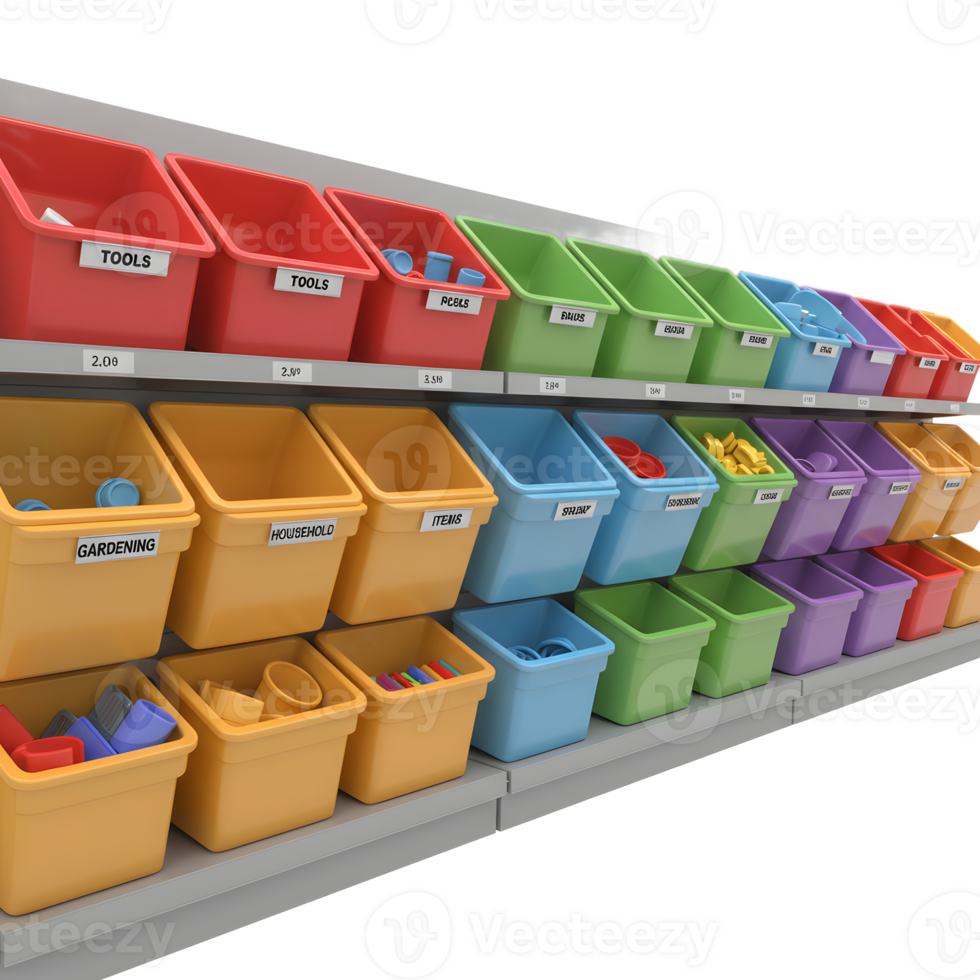 Colorful Storage Bins Organized Retail Display Shelf png
