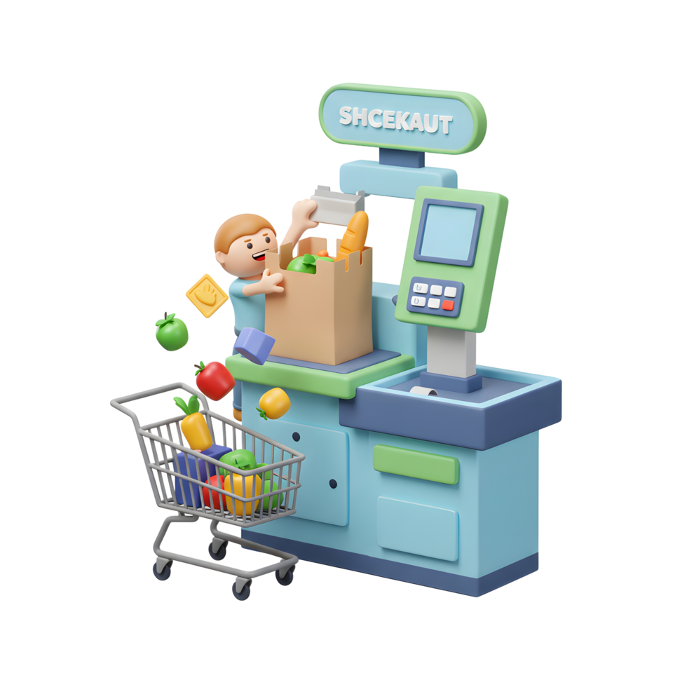 Child Grocery Shopping 3D Render Colorful Produce Checkout Counter png
