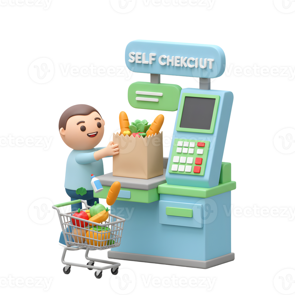 Cartoon Man Self Checkout Groceries Produce Vegetables Fruits 3D Render png
