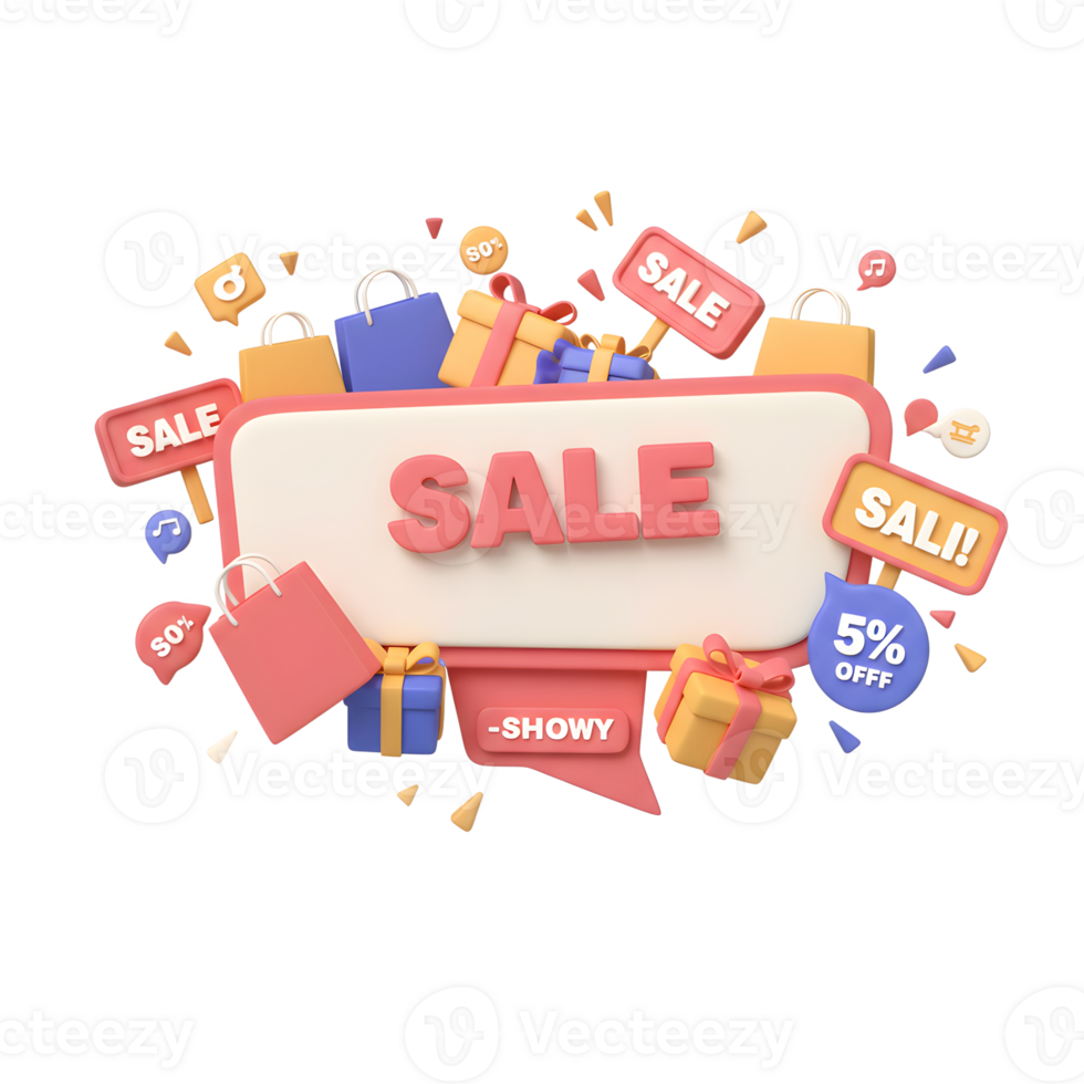 Sale Banner 3D Render Colorful Bags Gifts Sale Signs png