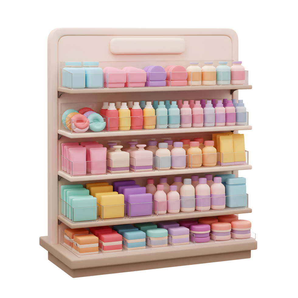 Pastel Beauty Products Retail Display Shelves Colorful Bottles Jars png