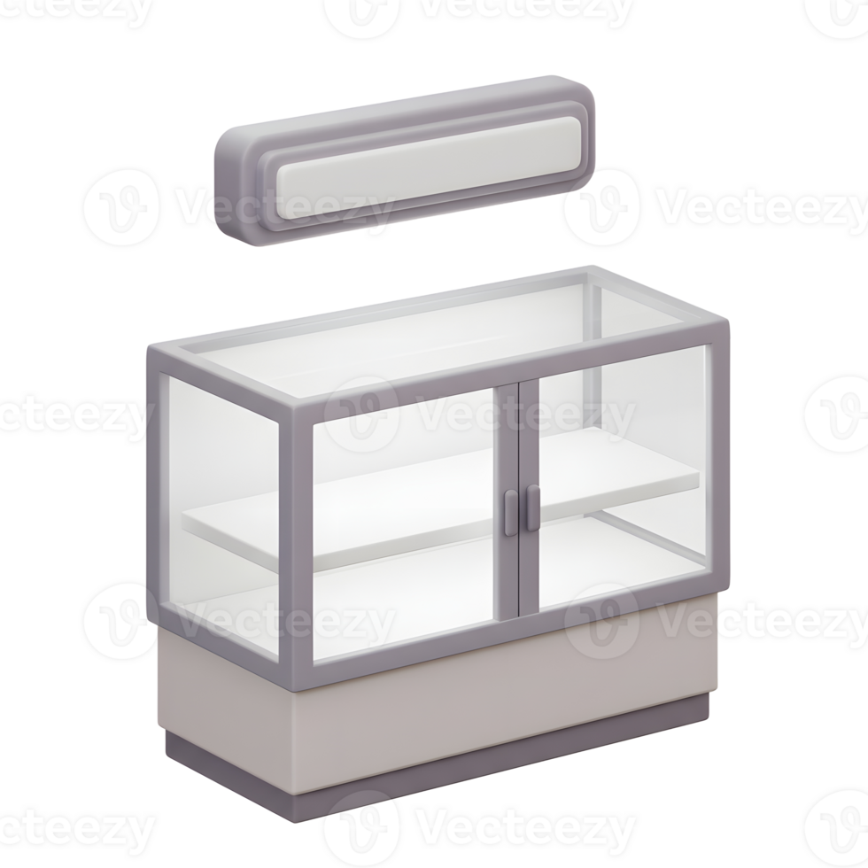 Modern Glass Display Case Retail Showcase with Signboard png