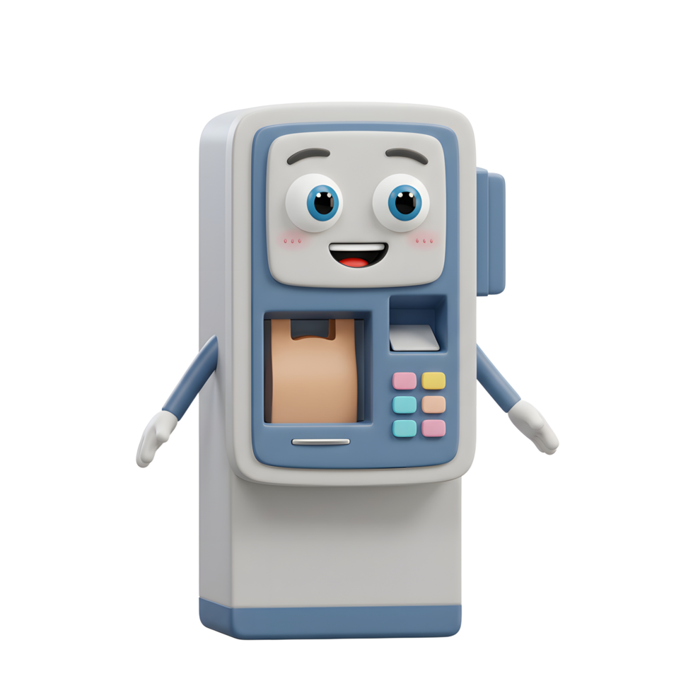 Happy ATM Machine Cartoon Character 3D Render Friendly Design png