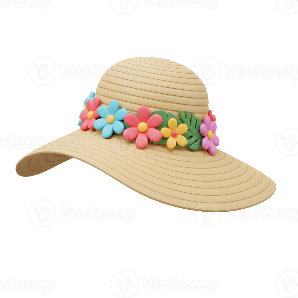Stylized Straw Hat with Colorful Flower Accents Floating on White Background png