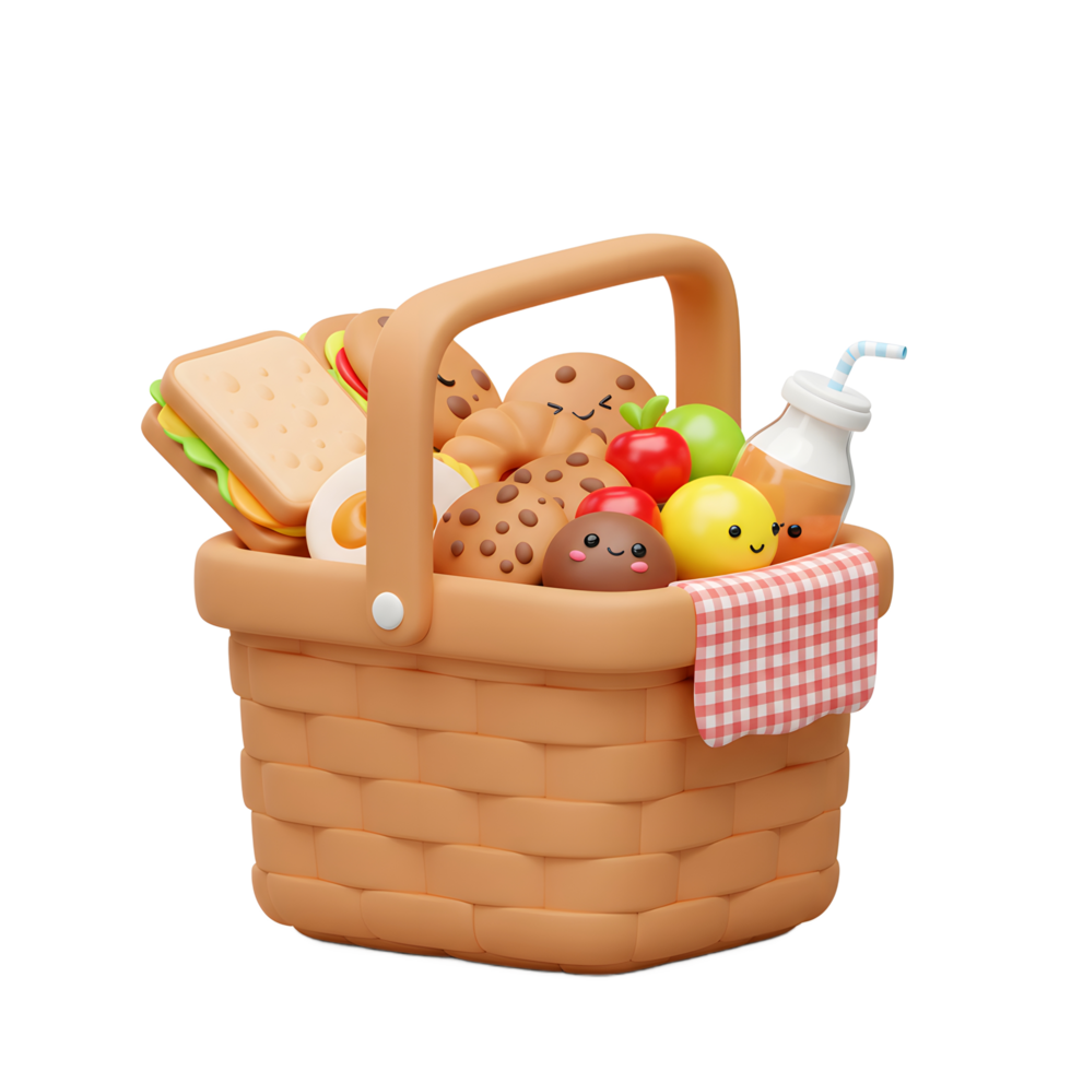 Picnic basket filled with cheerful food on white background png